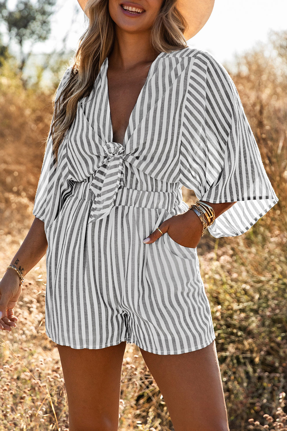 3/4 Wide Kimono Sleeves Tie Front Striped Romper with Pockets