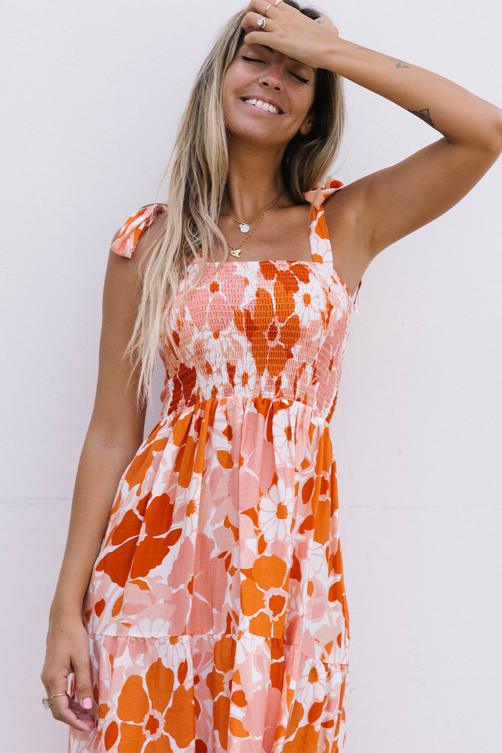 Shirred Lace-up Strap Sleeveless Floral Maxi Dress