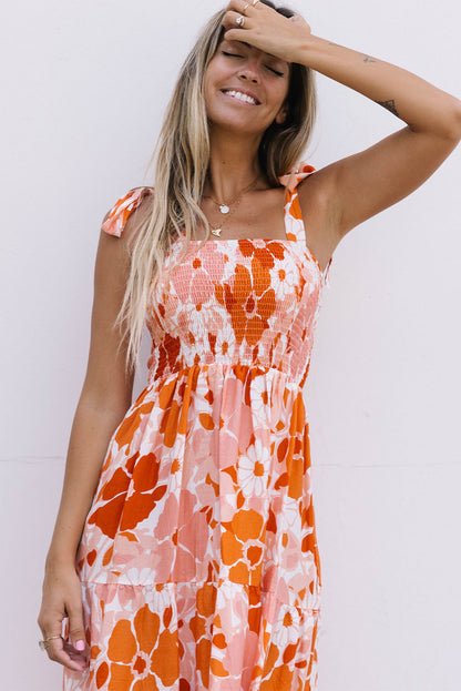 Shirred Lace-up Strap Sleeveless Floral Maxi Dress