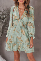 Lantern Sleeve Knotted Tiered Mini Dress