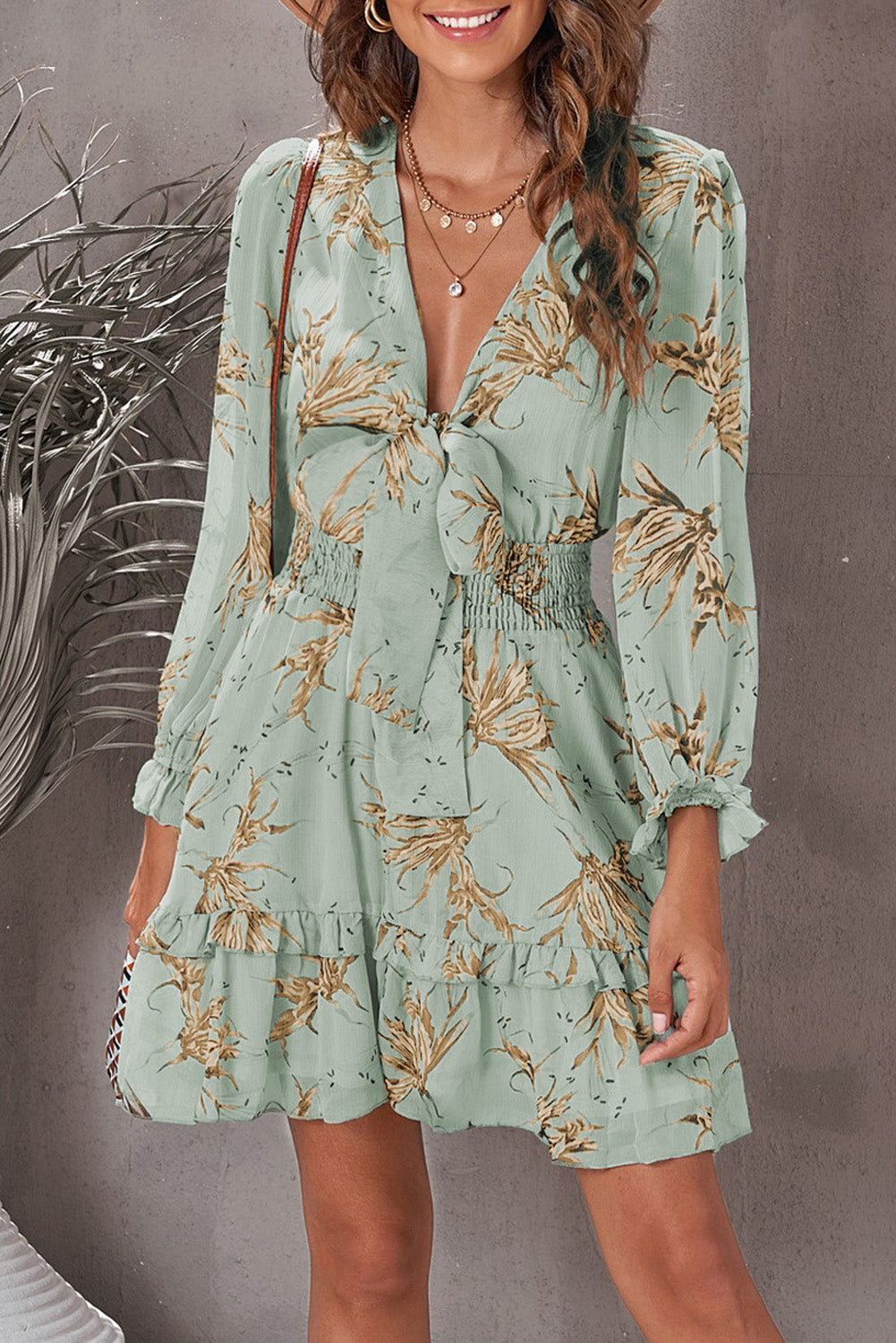 Lantern Sleeve Knotted Tiered Mini Dress