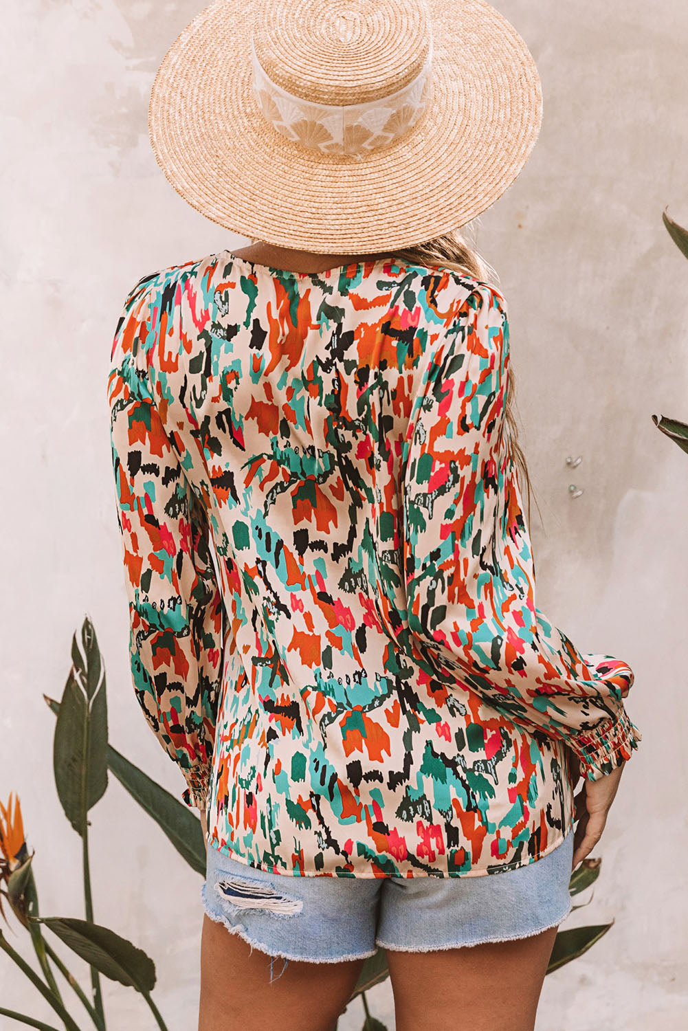 Multicolor V Neck Abstract Print Long Sleeve Shirt