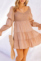 Boho Solid Shirred Ruffle Mini Dress