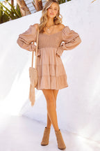 Boho Solid Shirred Ruffle Mini Dress