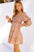 Boho Solid Shirred Ruffle Mini Dress