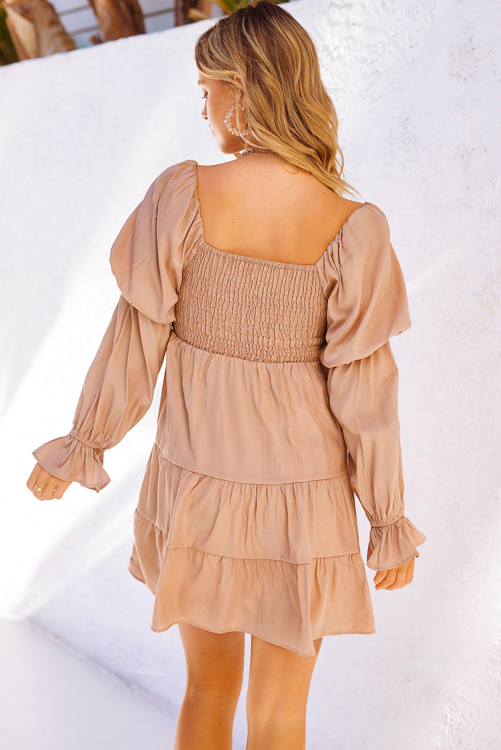 Boho Solid Shirred Ruffle Mini Dress