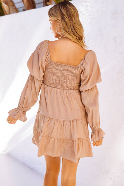 Boho Solid Shirred Ruffle Mini Dress