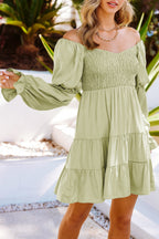 Boho Solid Shirred Ruffle Mini Dress