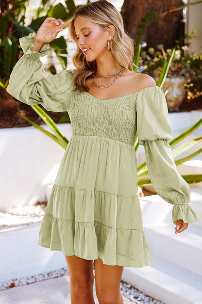 Boho Solid Shirred Ruffle Mini Dress