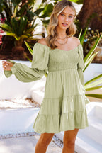 Boho Solid Shirred Ruffle Mini Dress