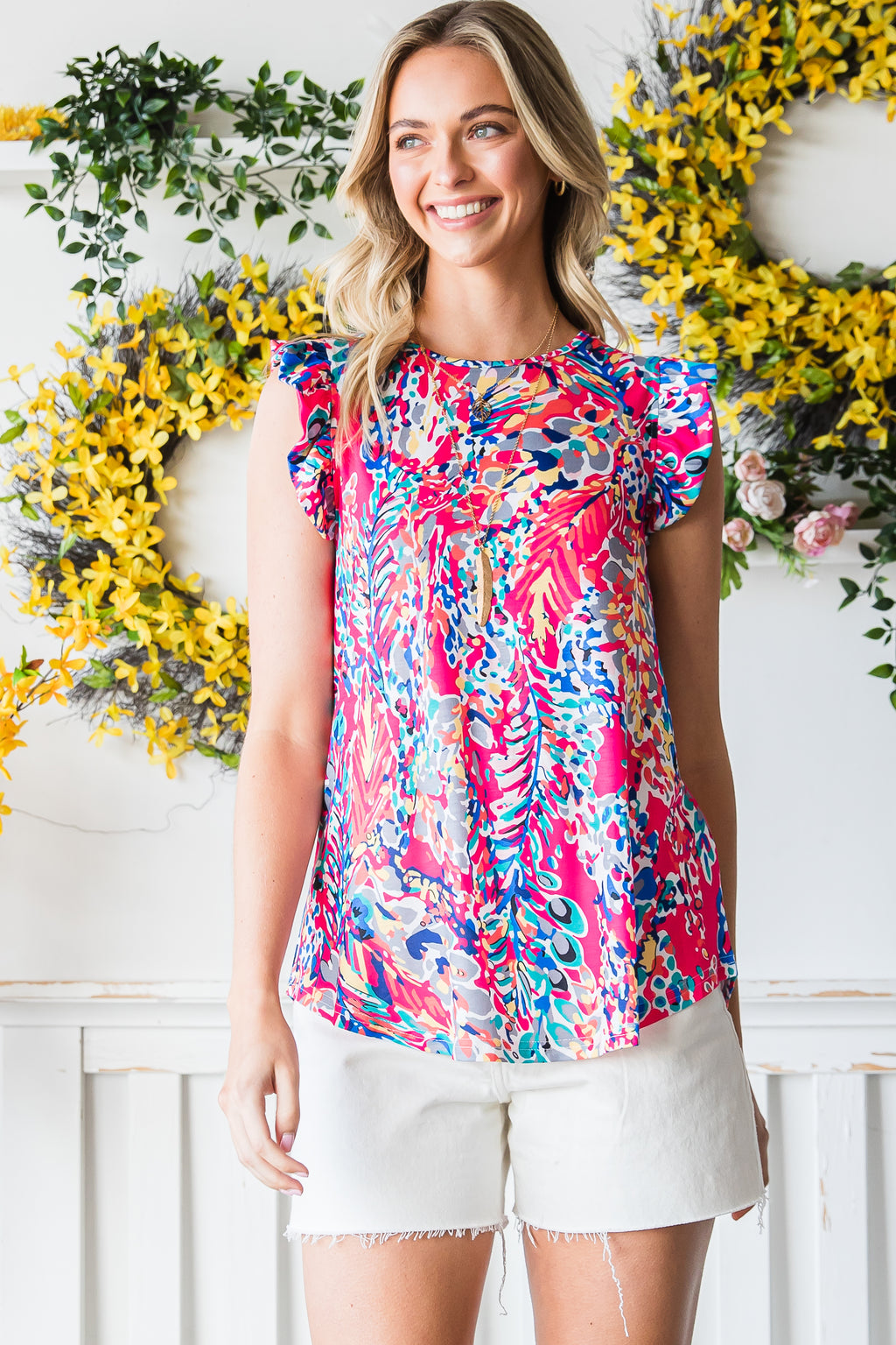 Floral Print Tank Top with Ruffles