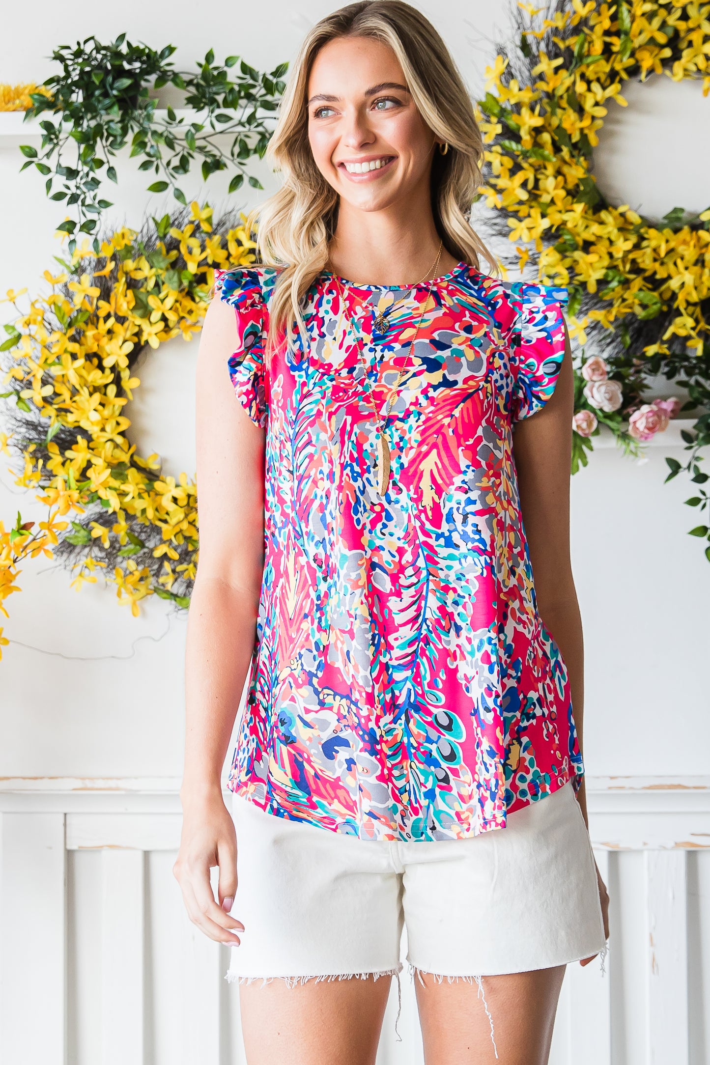 Floral Print Tank Top with Ruffles