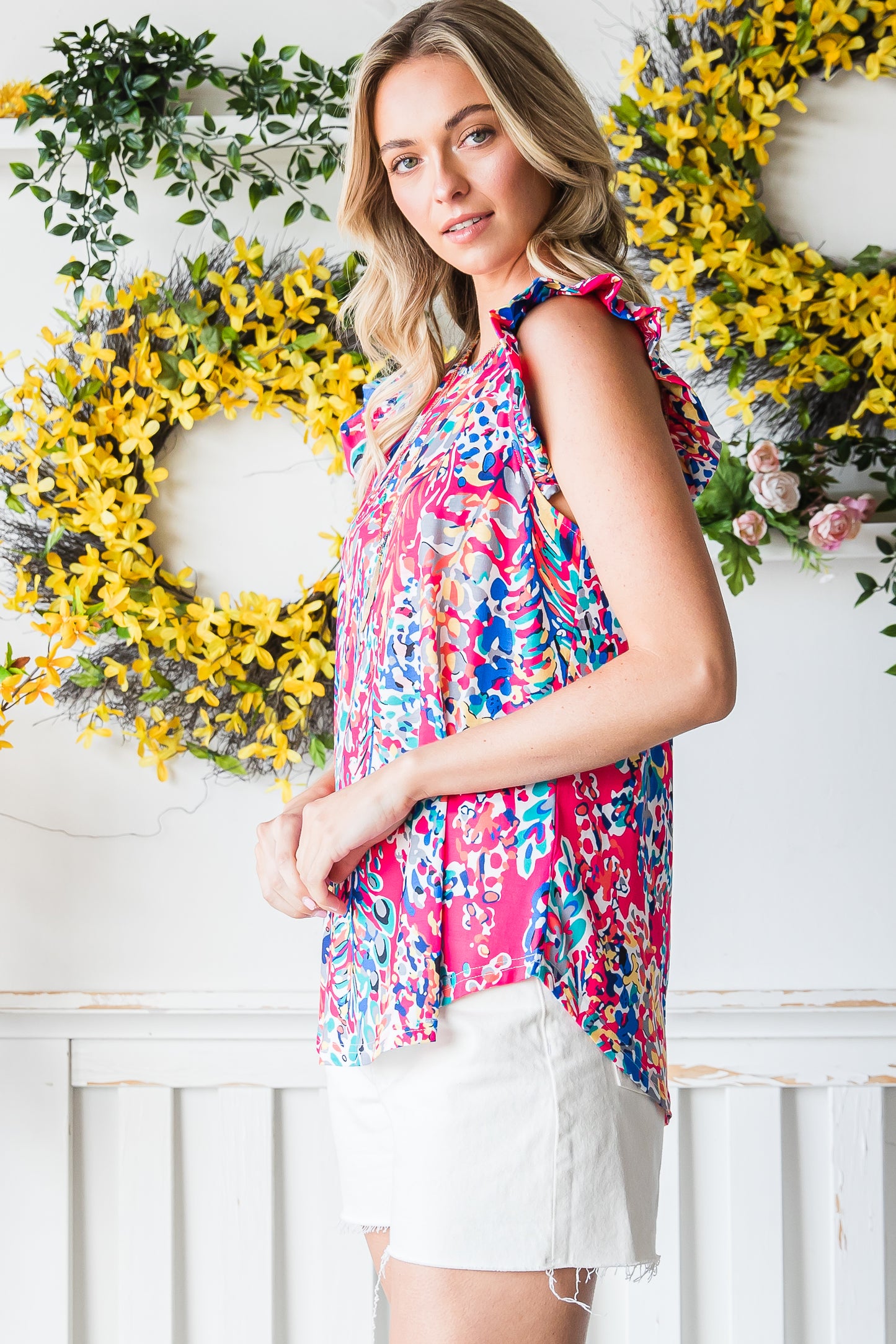 Floral Print Tank Top with Ruffles