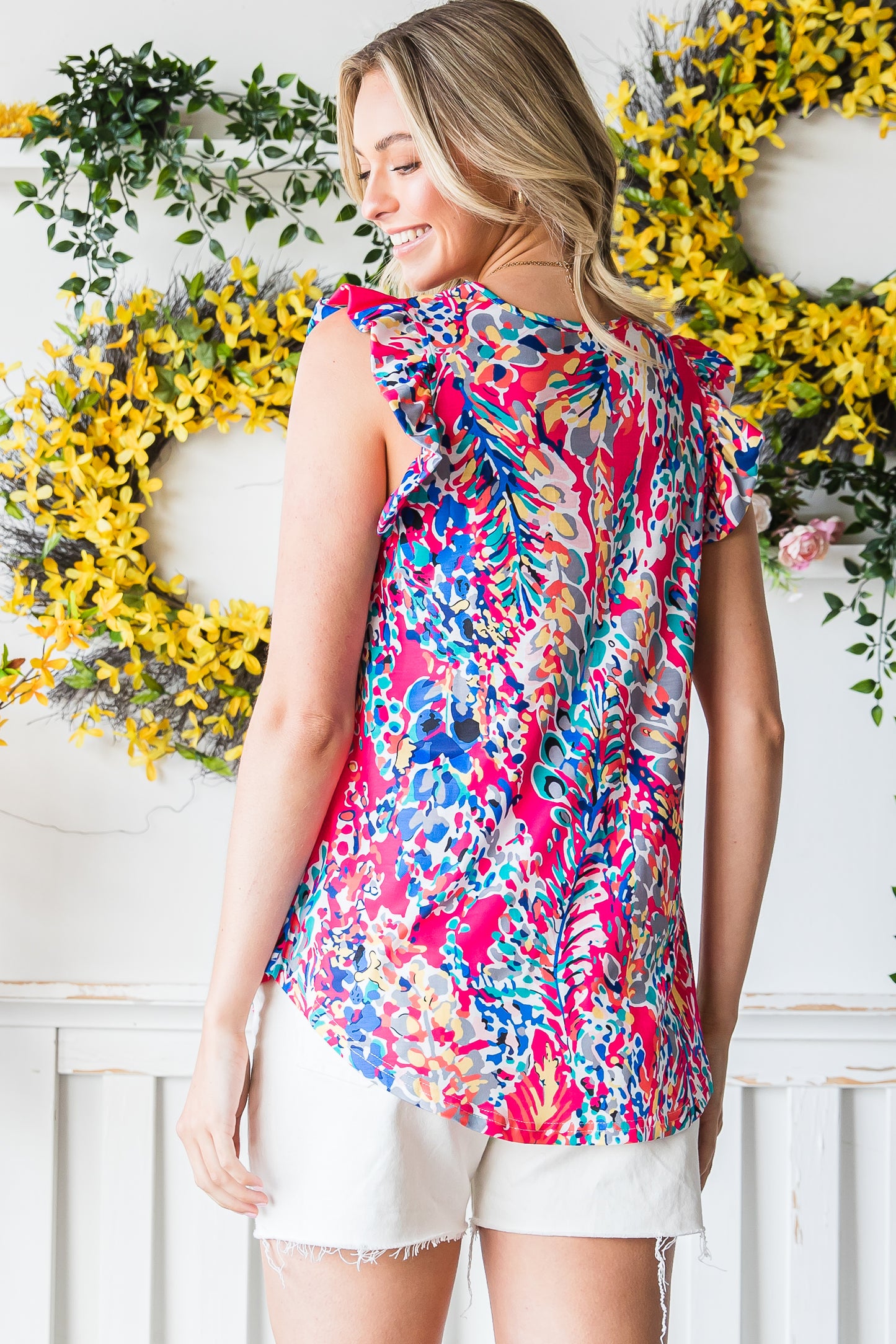 Floral Print Tank Top with Ruffles