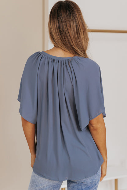 Beige Split Neck Pleated Loose Blouse