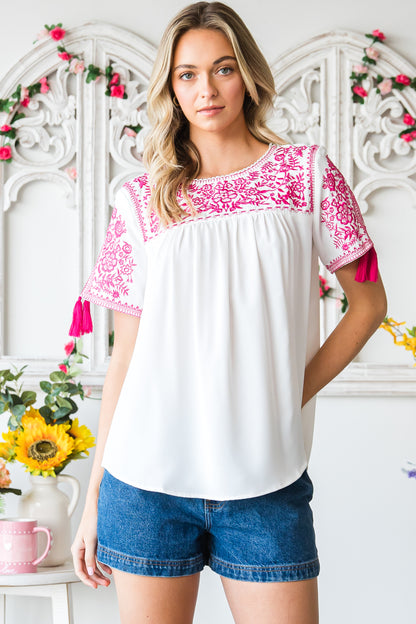 Embroidered Floral Short Sleeves Shift Top