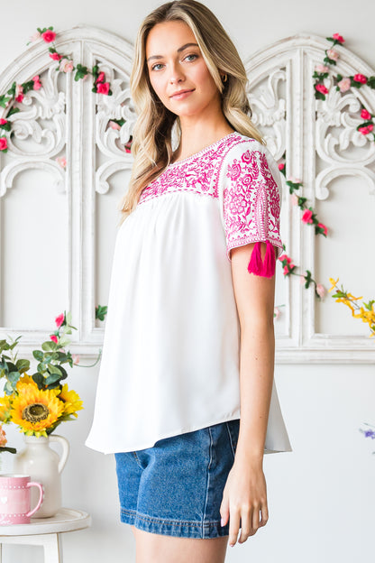 Embroidered Floral Short Sleeves Shift Top