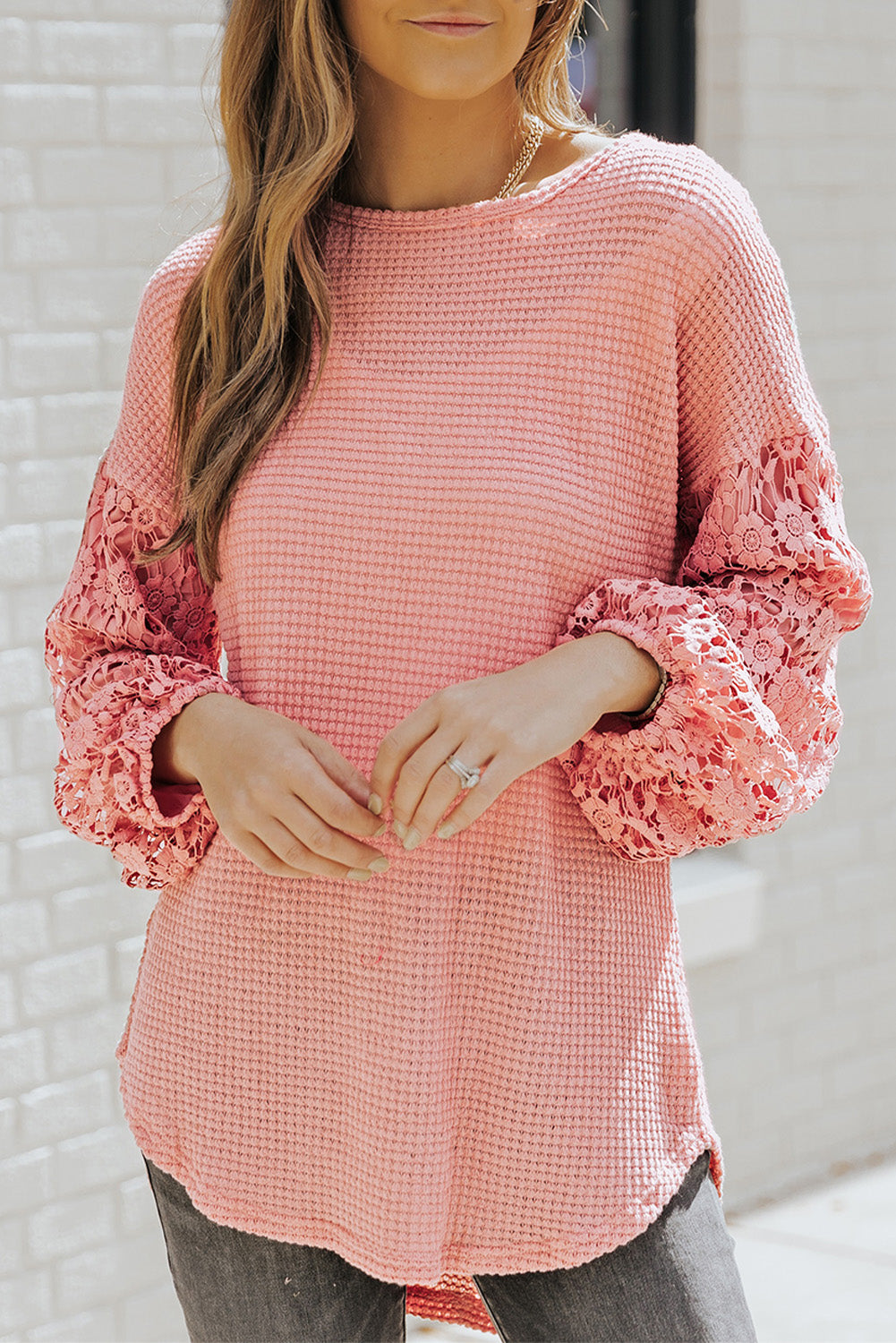Lace Patchwork Waffle Knit Balloon Sleeve Blouse