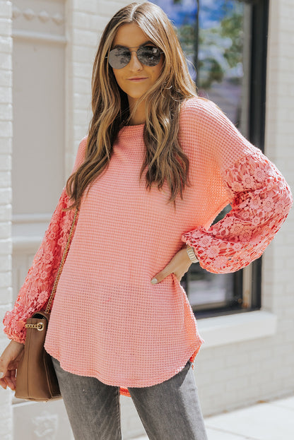 Lace Patchwork Waffle Knit Balloon Sleeve Blouse