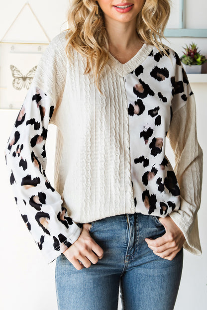 Beige Asymmetric Leopard Patchwork Wide Sleeve V Neck Sweater