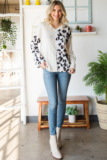 Beige Asymmetric Leopard Patchwork Wide Sleeve V Neck Sweater