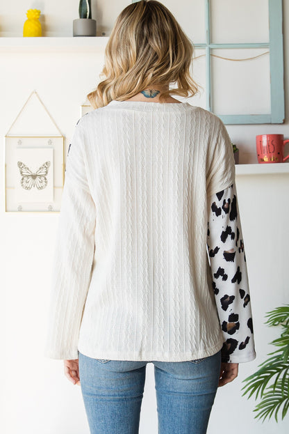 Beige Asymmetric Leopard Patchwork Wide Sleeve V Neck Sweater