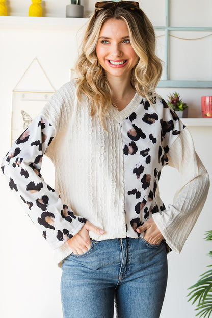 Beige Asymmetric Leopard Patchwork Wide Sleeve V Neck Sweater