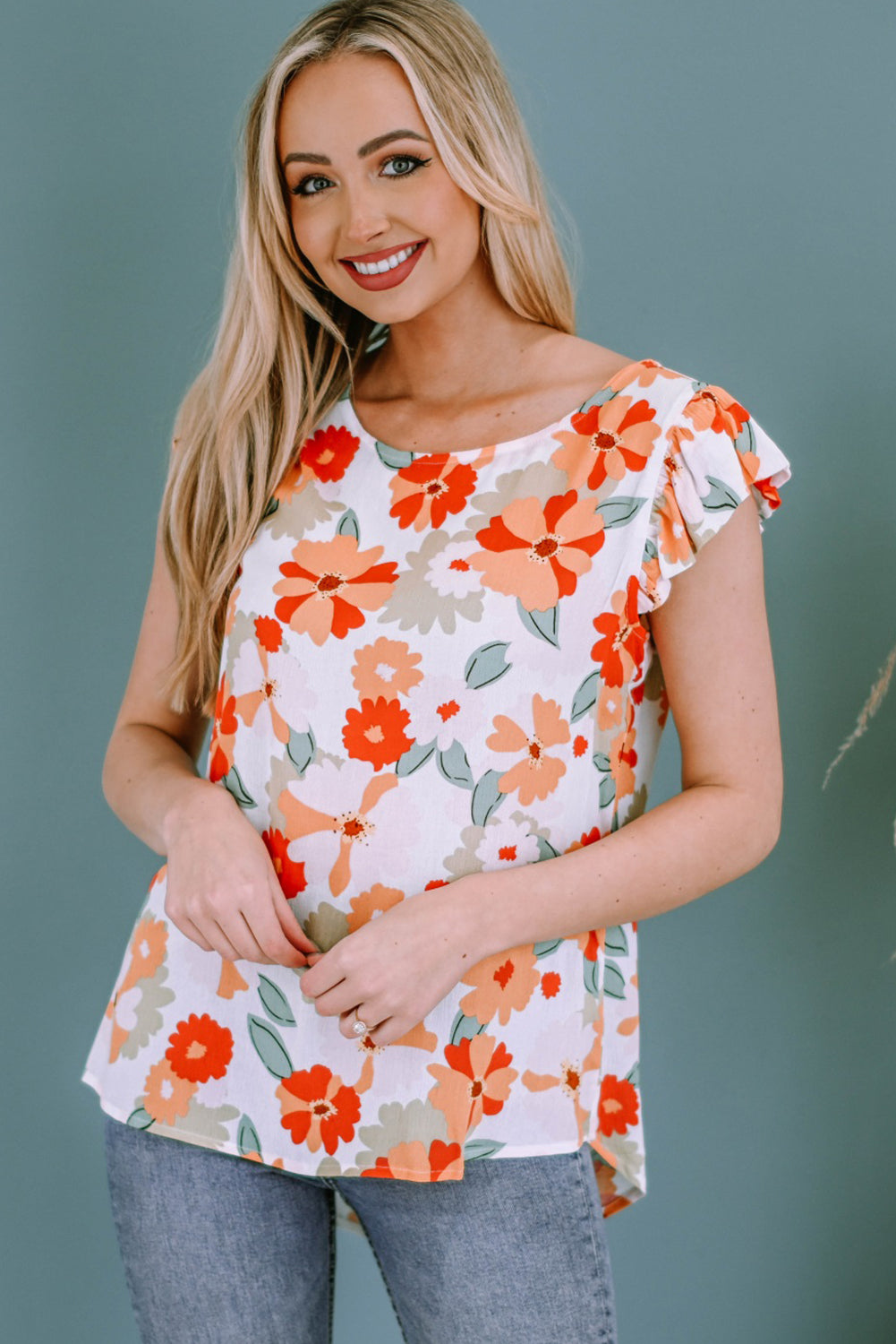 Floral Print Ruffled Flutter Sleeve Blouse