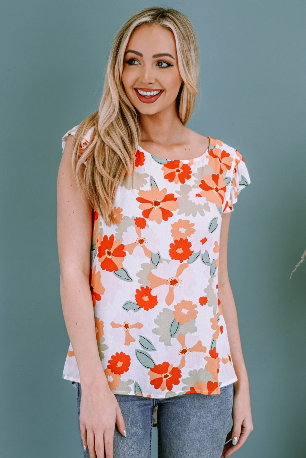 Floral Print Ruffled Flutter Sleeve Blouse
