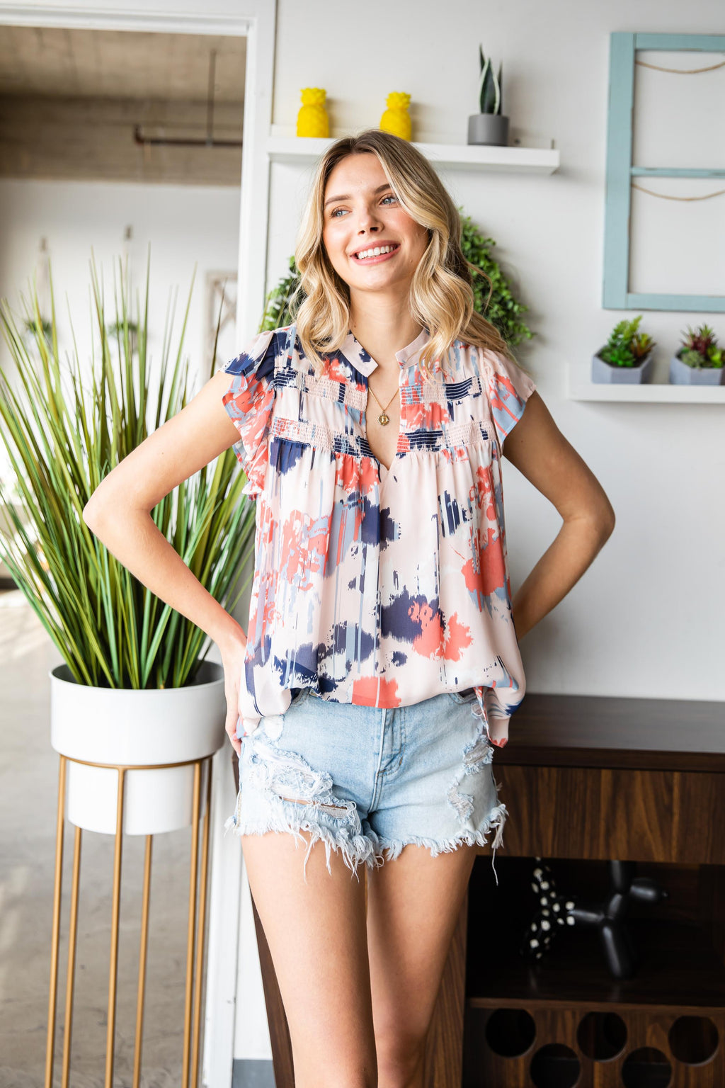 Abstract Print V Neck Shirred Ruffled Sleeveless Top