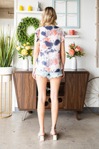 Abstract Print V Neck Shirred Ruffled Sleeveless Top