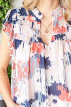 Abstract Print V Neck Shirred Ruffled Sleeveless Top