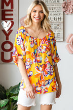 Floral Print Elastic Neckline Blouse