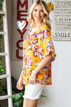 Floral Print Elastic Neckline Blouse