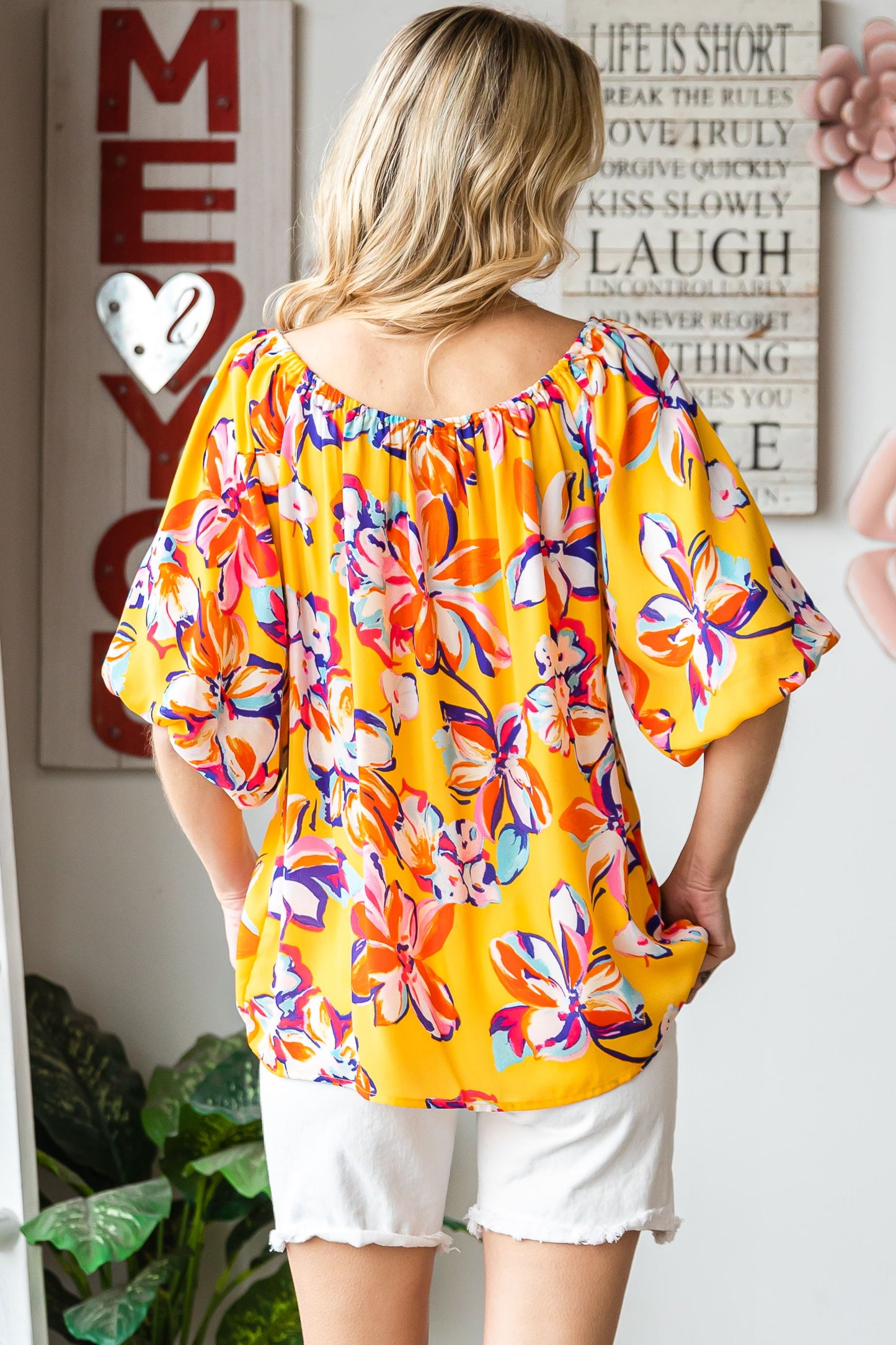 Floral Print Elastic Neckline Blouse