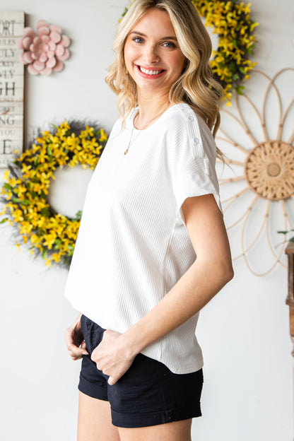 Ribbed Texture Buttoned Shoulder Top