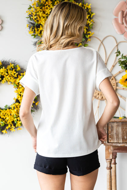 Ribbed Texture Buttoned Shoulder Top