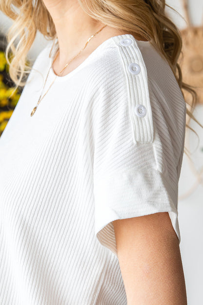 Ribbed Texture Buttoned Shoulder Top