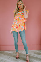 Floral Print Ruffle Cap Sleeve Keyhole Back Blouse