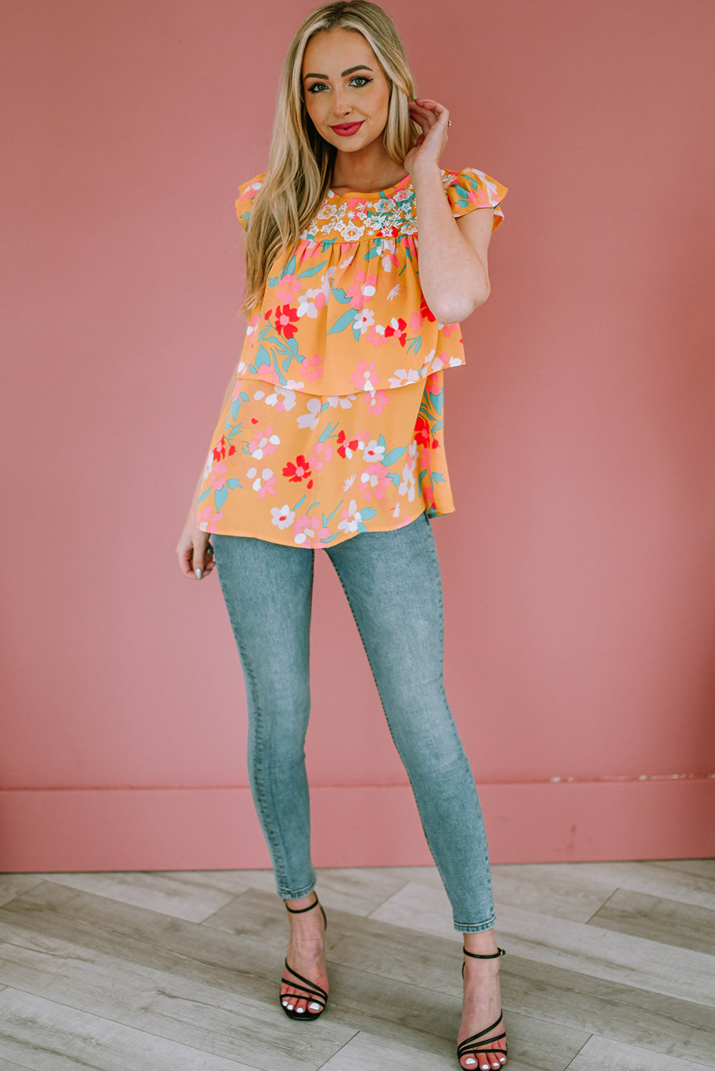 Floral Print Ruffle Cap Sleeve Keyhole Back Blouse