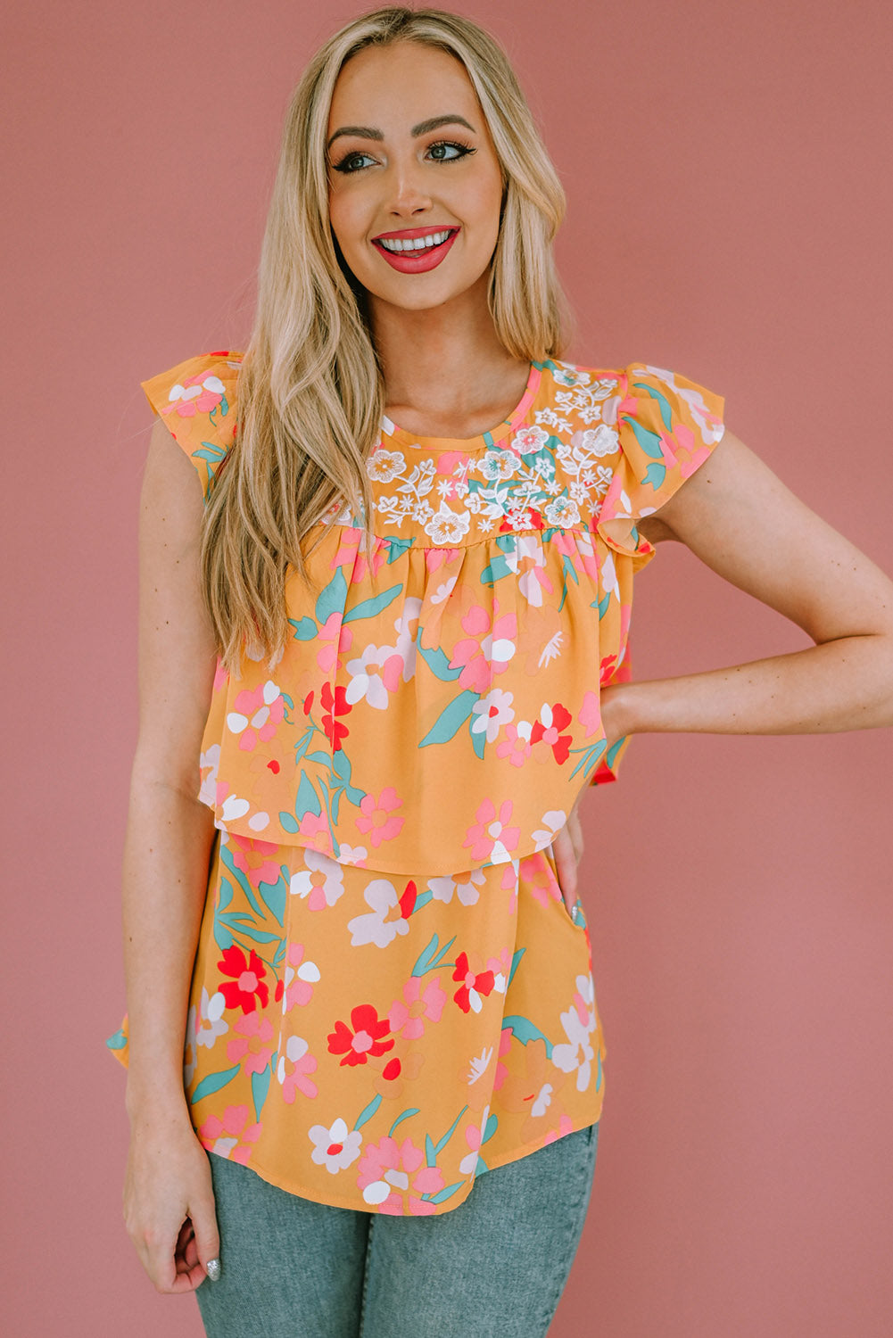 Floral Print Ruffle Cap Sleeve Keyhole Back Blouse