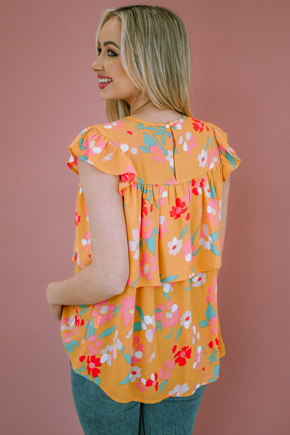 Floral Print Ruffle Cap Sleeve Keyhole Back Blouse