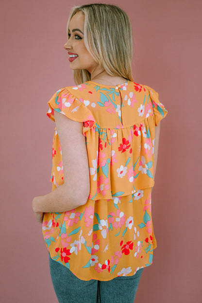 Floral Print Ruffle Cap Sleeve Keyhole Back Blouse