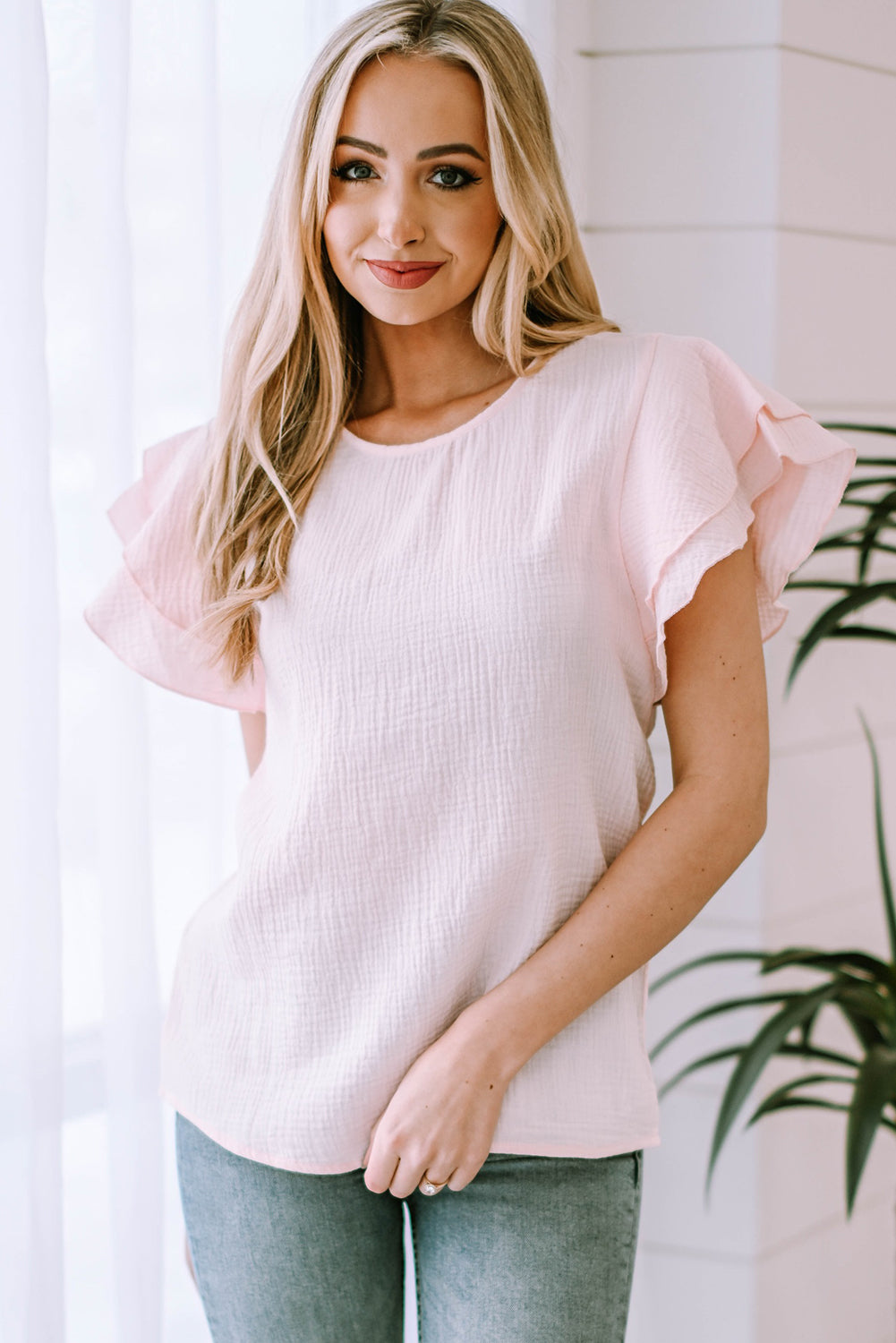 Pink Textured Tiered Ruffled Short Sleeve Blouse