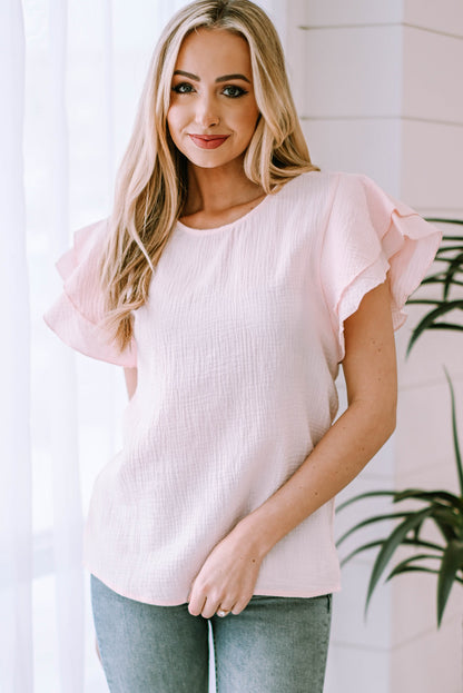 Pink Textured Tiered Ruffled Short Sleeve Blouse