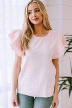 Pink Textured Tiered Ruffled Short Sleeve Blouse