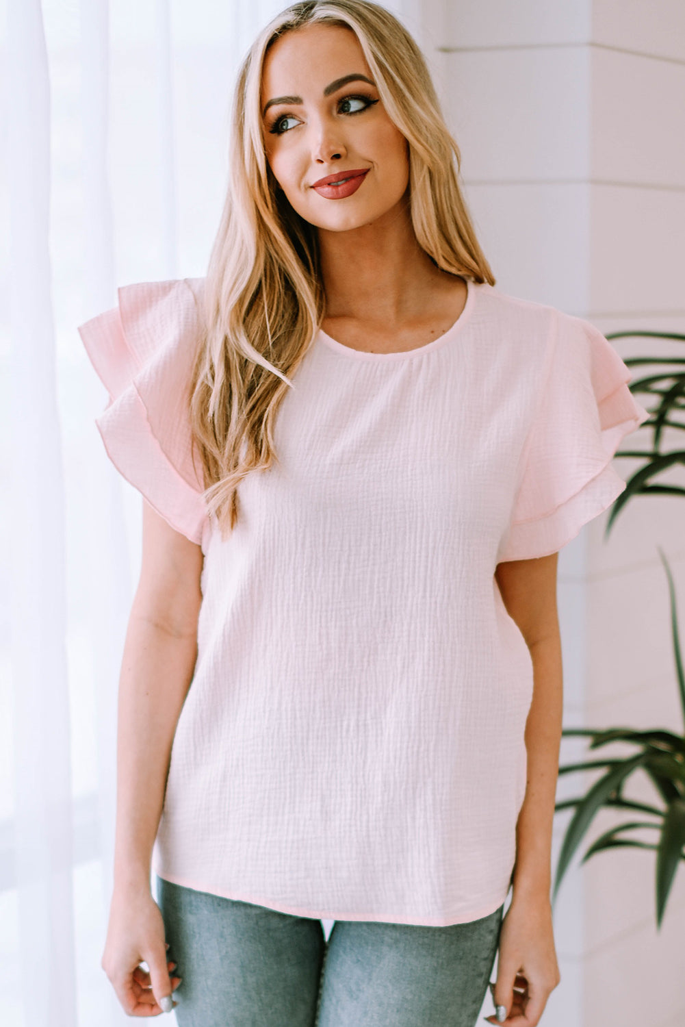 Pink Textured Tiered Ruffled Short Sleeve Blouse
