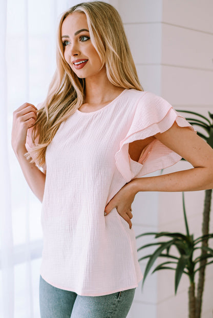 Pink Textured Tiered Ruffled Short Sleeve Blouse