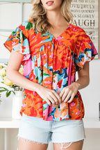 Pink Abstract Print V Neck Flutter Sleeve Blouse