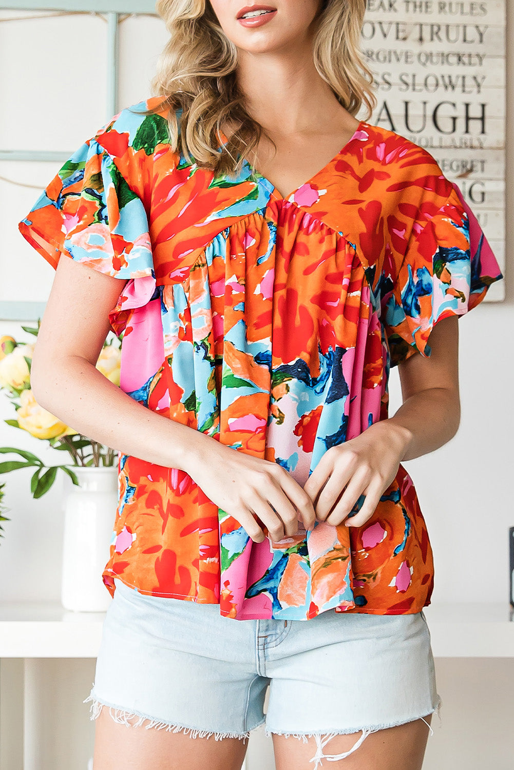 Pink Abstract Print V Neck Flutter Sleeve Blouse